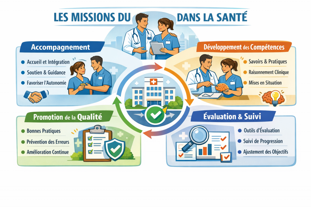 Le tuteur occupe une place centrale dans ce dispositif. Il agit comme un professionnel expérimenté capable de guider, soutenir et structurer l’apprentissage de l’apprenant dans un environnement clinique souvent complexe. Son rôle dépasse la simple transmission de gestes techniques, il contribue à la construction progressive de la maitrise du poste.